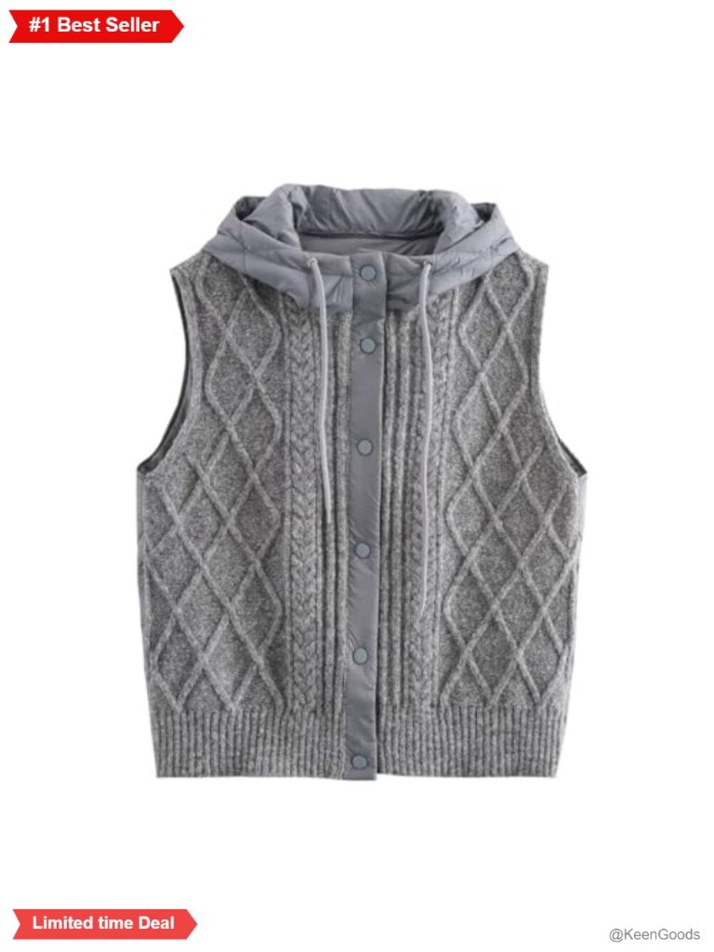 Quilted Hooded Knit Vest Lightweight Padded Sleeveless Snap Jacket